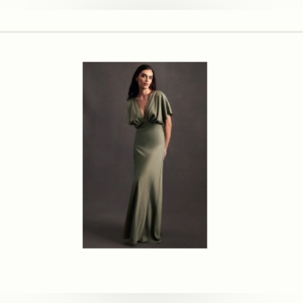 BHLDN Moss colored Ruched Sheath Dress with Plunge Neckline